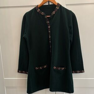 Floral Embroidered Trim Dark Green Cardigan